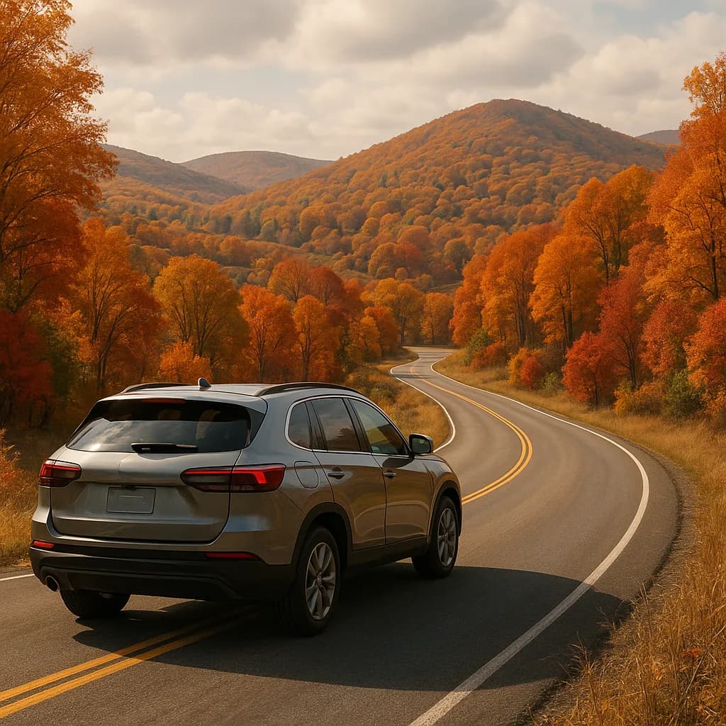 Silver SUV on winding mountain road in autumn with orange fall foliage and hills in background