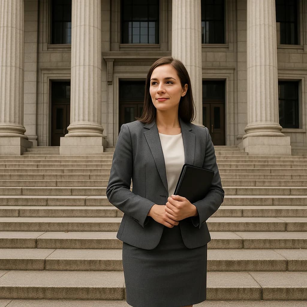 Professional businesswoman in gray suit holding portfolio on courthouse steps with classical columns