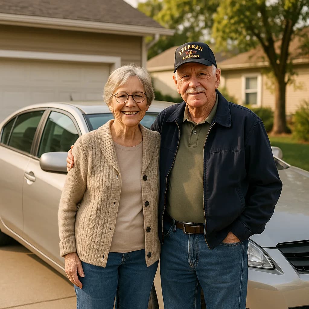 Happy senior couple standing together in driveway in front of their home and car