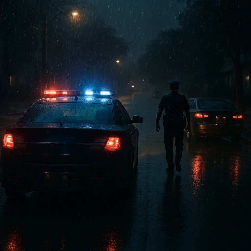 Police officer walking on rainy street at night between patrol car with emergency lights and another vehicle