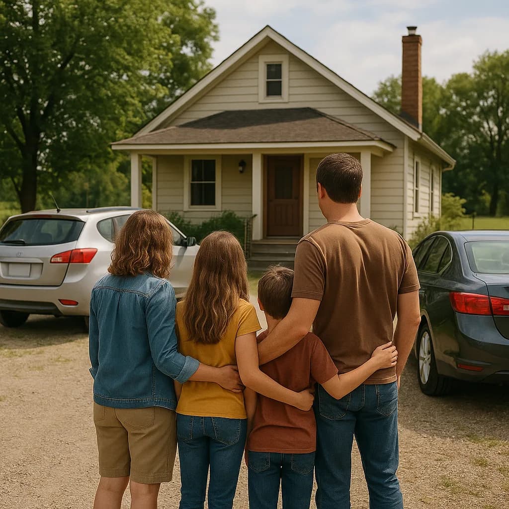 Family of four viewing small cottage house from behind with arms around each other