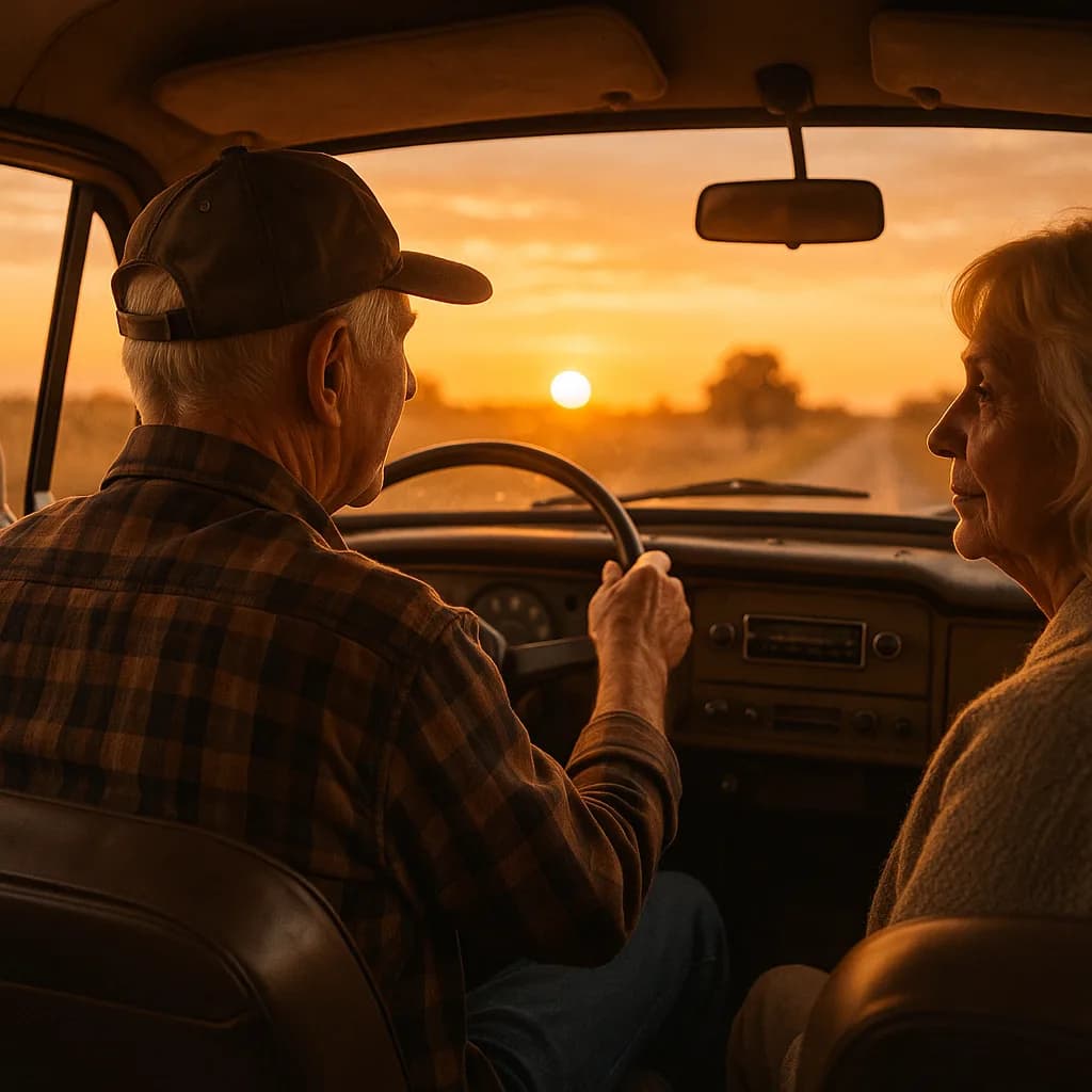 Elderly couple driving vintage car together at sunset, viewed from back seat