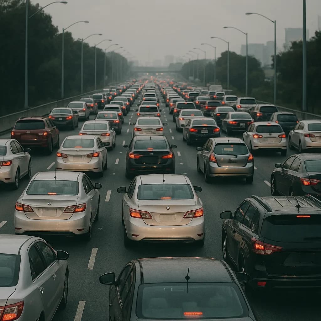 Heavy traffic congestion on foggy multi-lane highway with cars brake lights on and street lamps visible