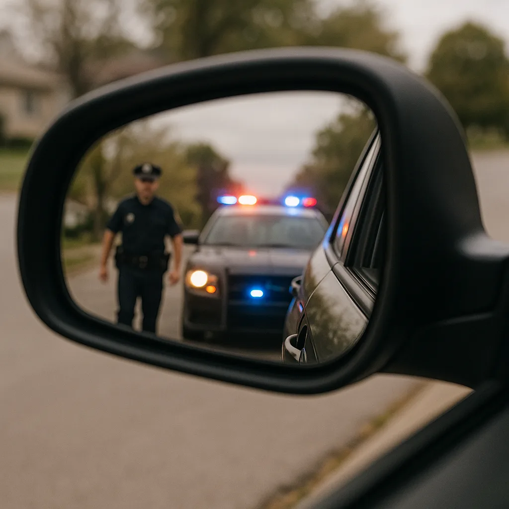 Police officer approaching vehicle during traffic stop reflected in side mirror with patrol car lights flashing