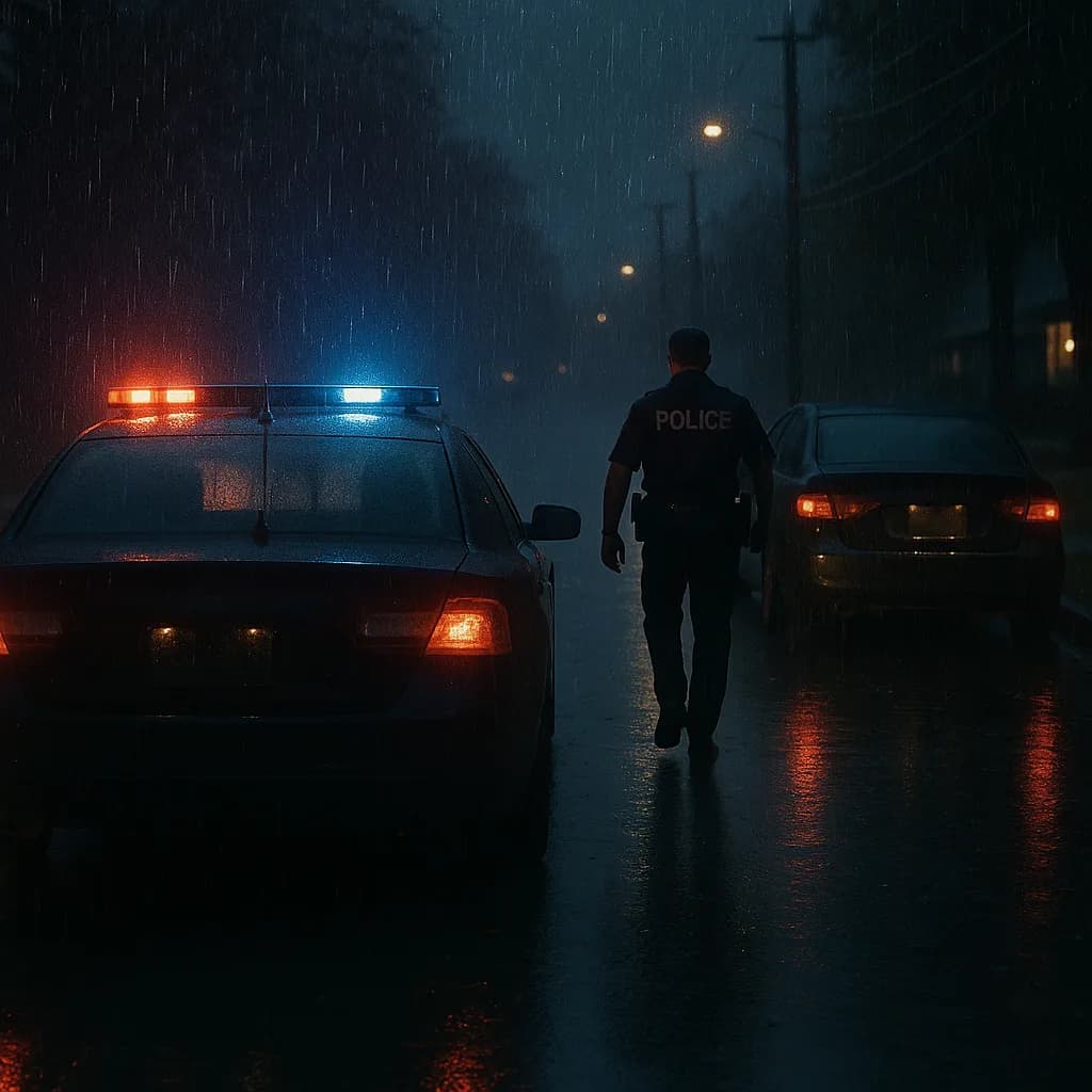 Police officer walking between patrol cars on rainy night street with emergency lights flashing