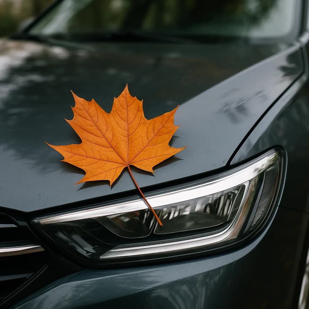 Orange maple leaf on gray car hood near headlight in autumn