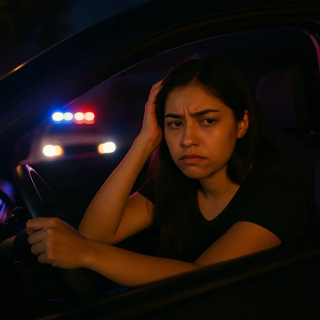 Young woman in car looking worried with police lights visible behind her at night