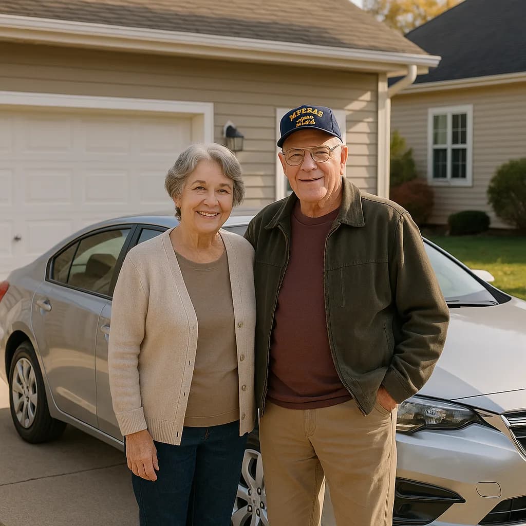 Happy senior couple standing in front of their car and home driveway