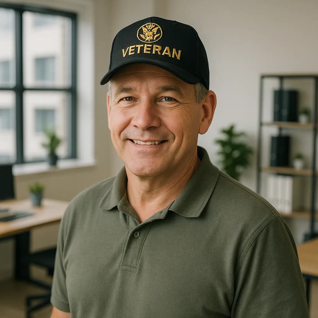 Smiling veteran wearing black veteran cap and olive green polo shirt in modern interior setting
