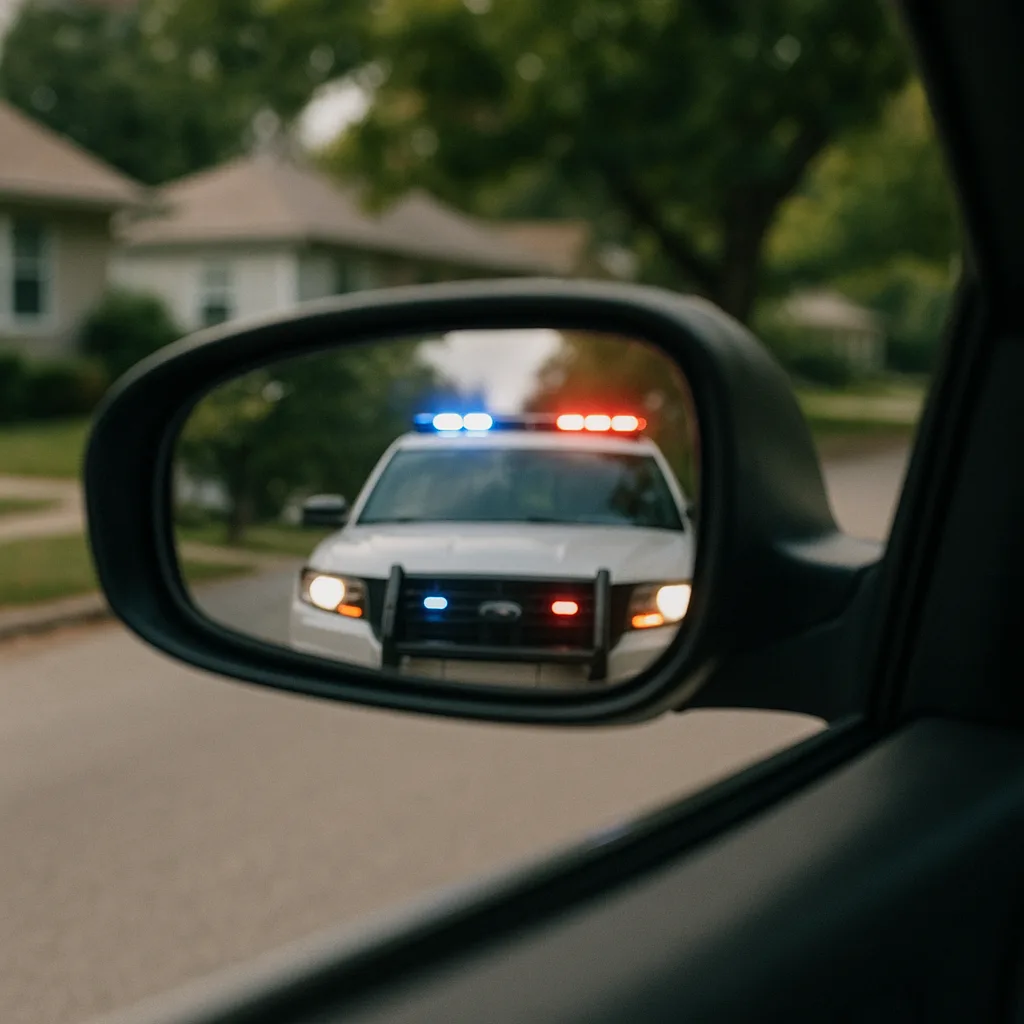 Police car with lights flashing visible in car side mirror on residential street