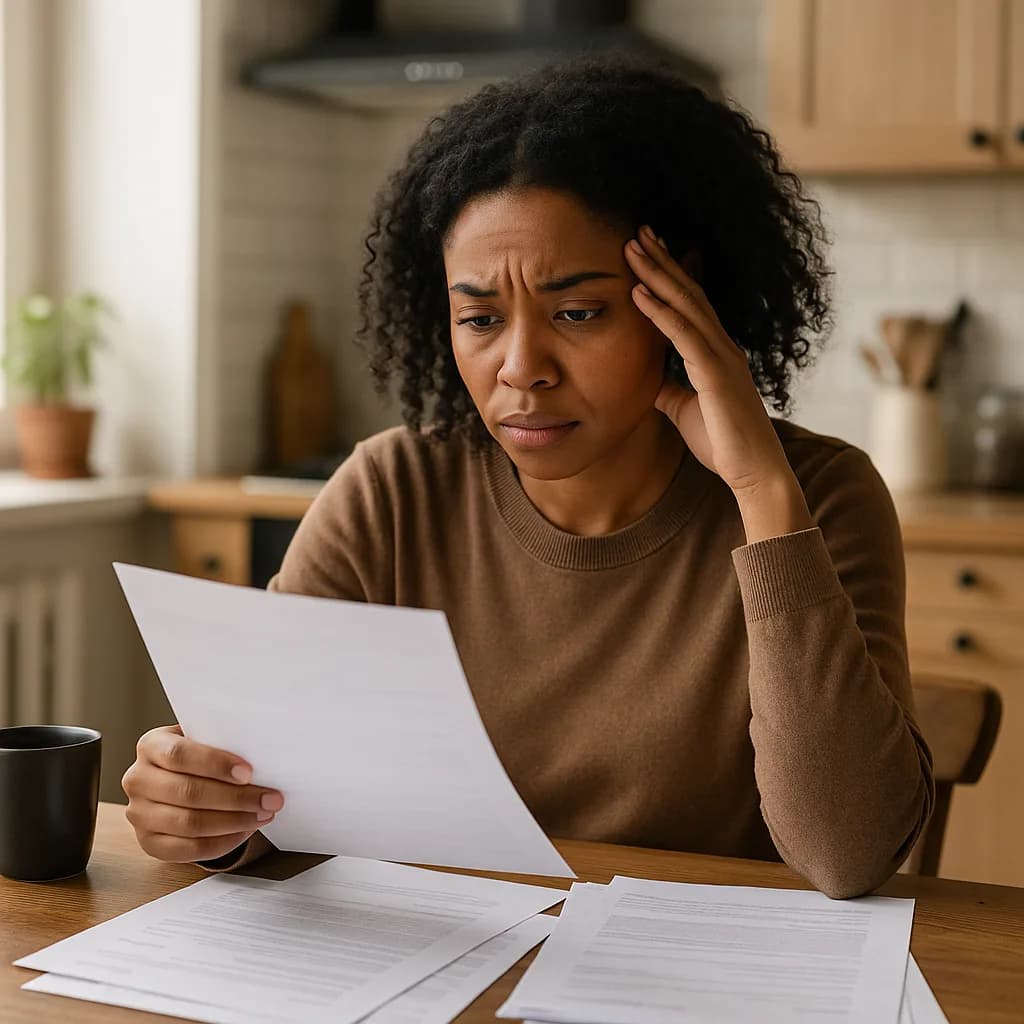 Worried woman reading documents at kitchen table with hand on head showing stress