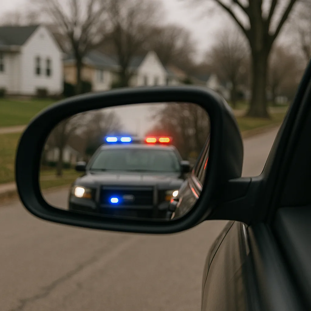 Police car with lights flashing reflected in side mirror during traffic stop on residential street