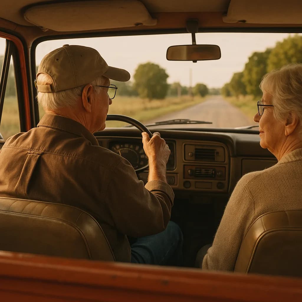 Elderly couple driving vintage truck on rural country road during golden hour