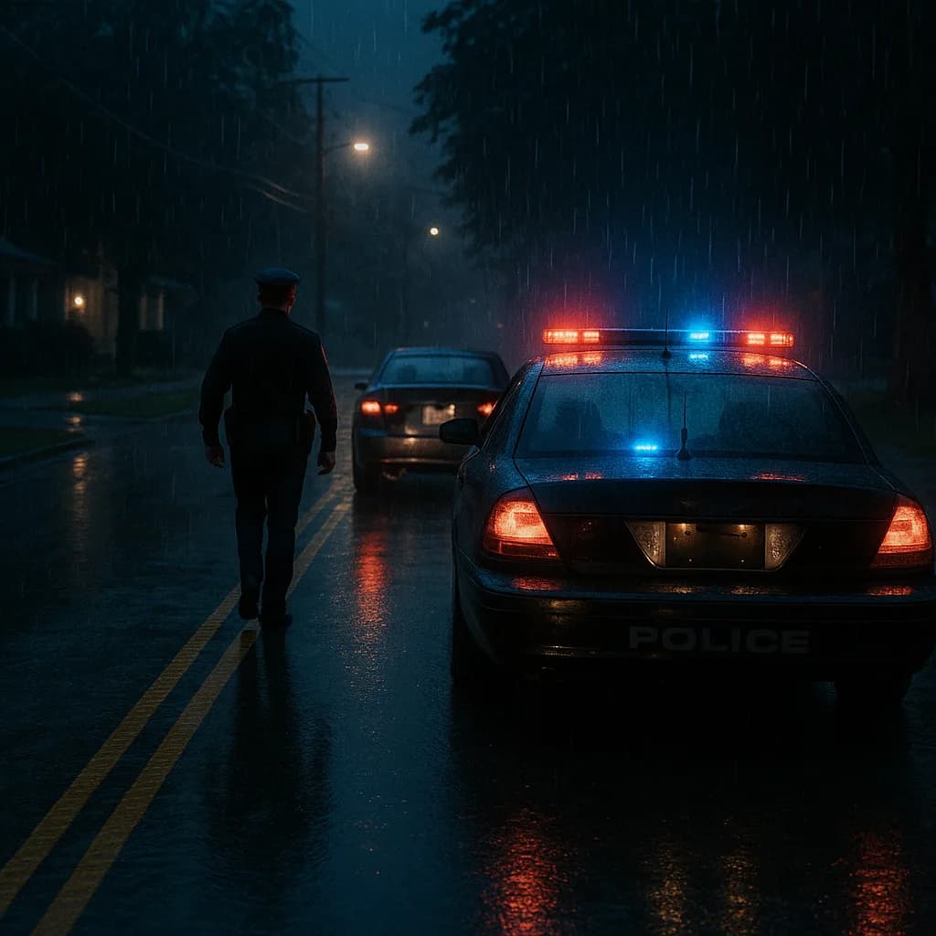 Police officer approaching stopped car at night in the rain with patrol car lights flashing
