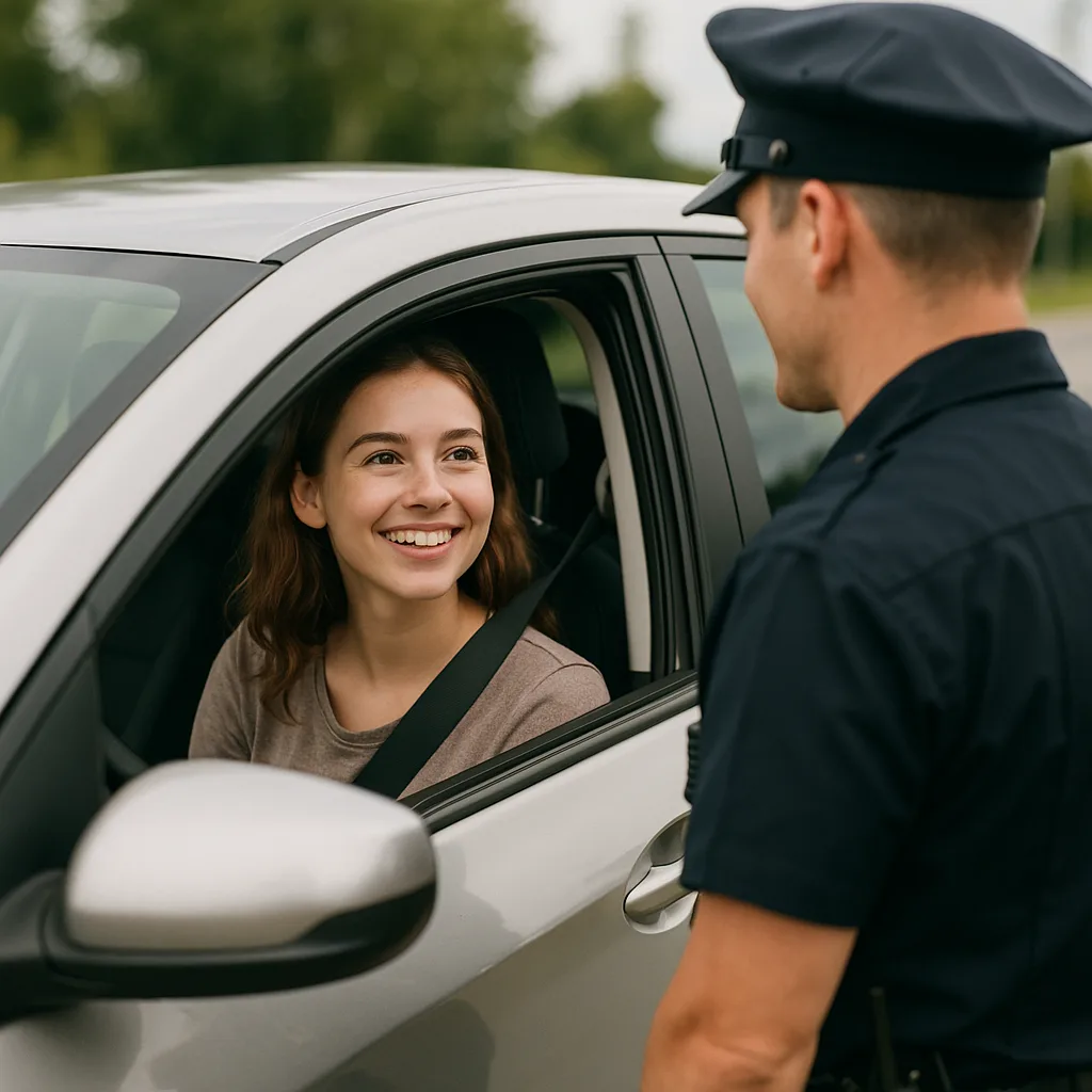 Smiling woman in car talking to police officer during traffic stop on roadside