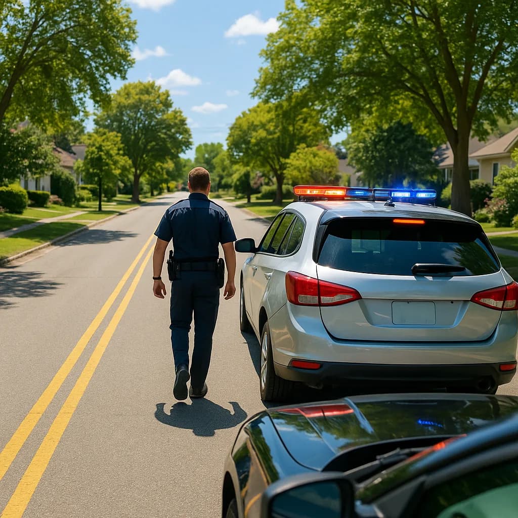 Police officer walking beside stopped white SUV with lights flashing on suburban street