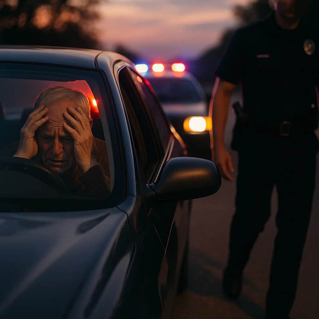 Stressed woman in car during police traffic stop at dusk with emergency lights in background