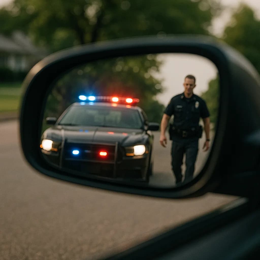 Police officer approaching vehicle during traffic stop seen in car side mirror with police cruiser lights flashing
