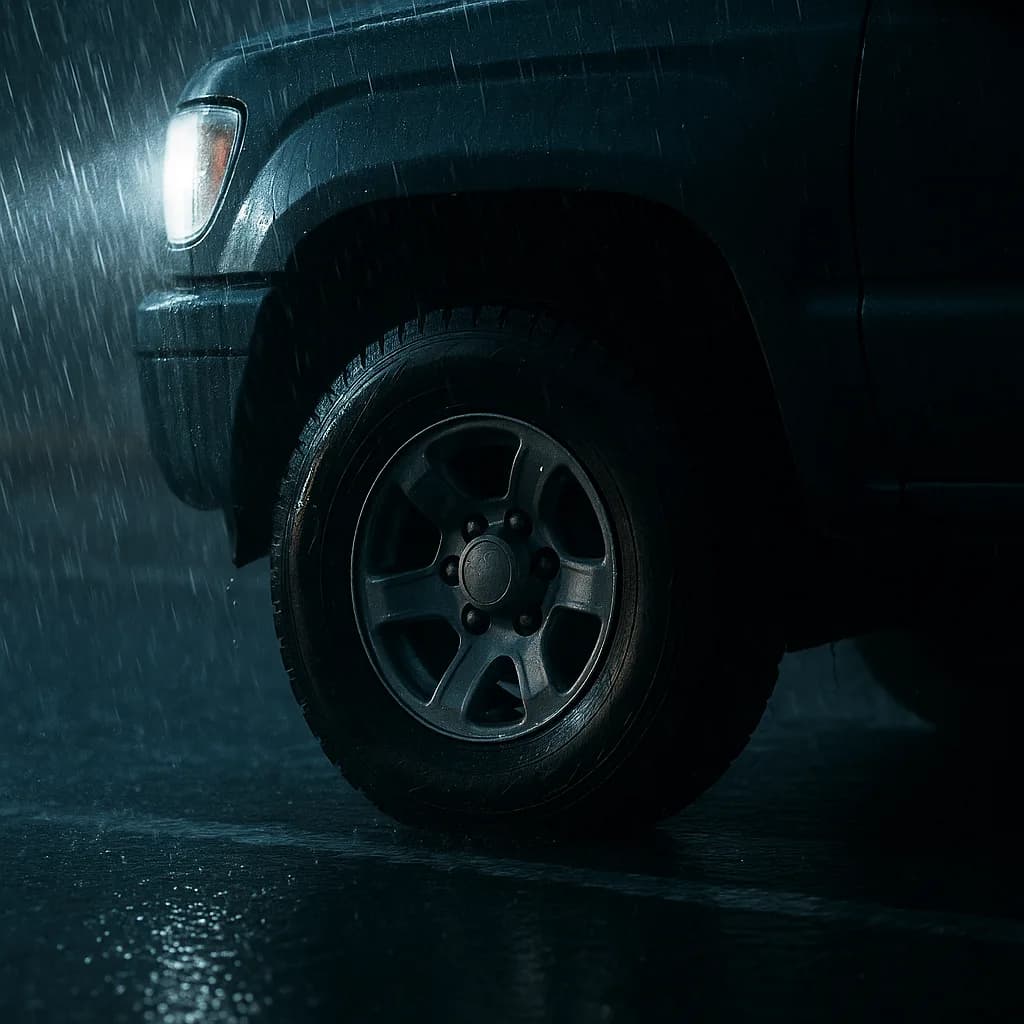 Dark car with illuminated headlight in heavy rain at night, showing front wheel and dramatic lighting