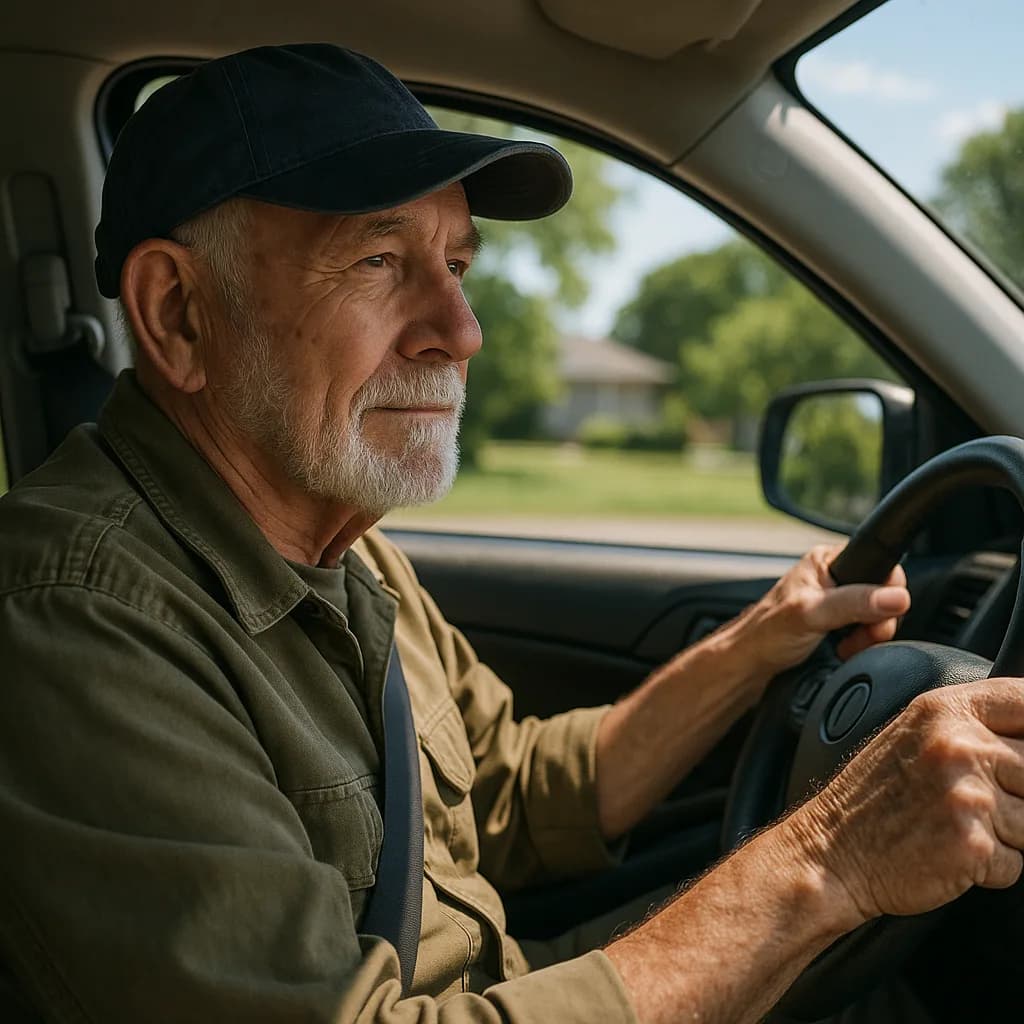 Elderly man with white beard wearing black cap sitting in driver's seat of car in residential neighborhood