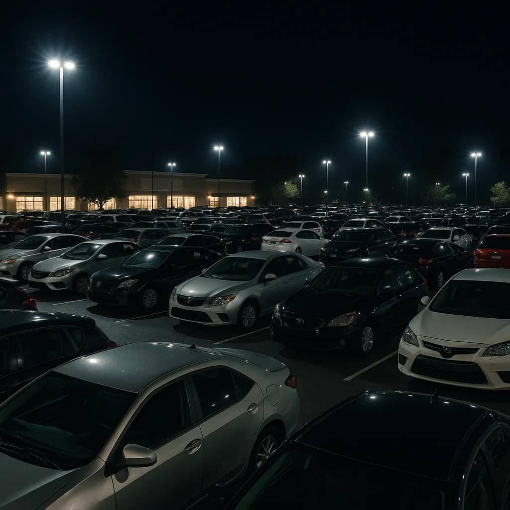 Crowded parking lot at night with many cars and tall light poles illuminating a commercial building